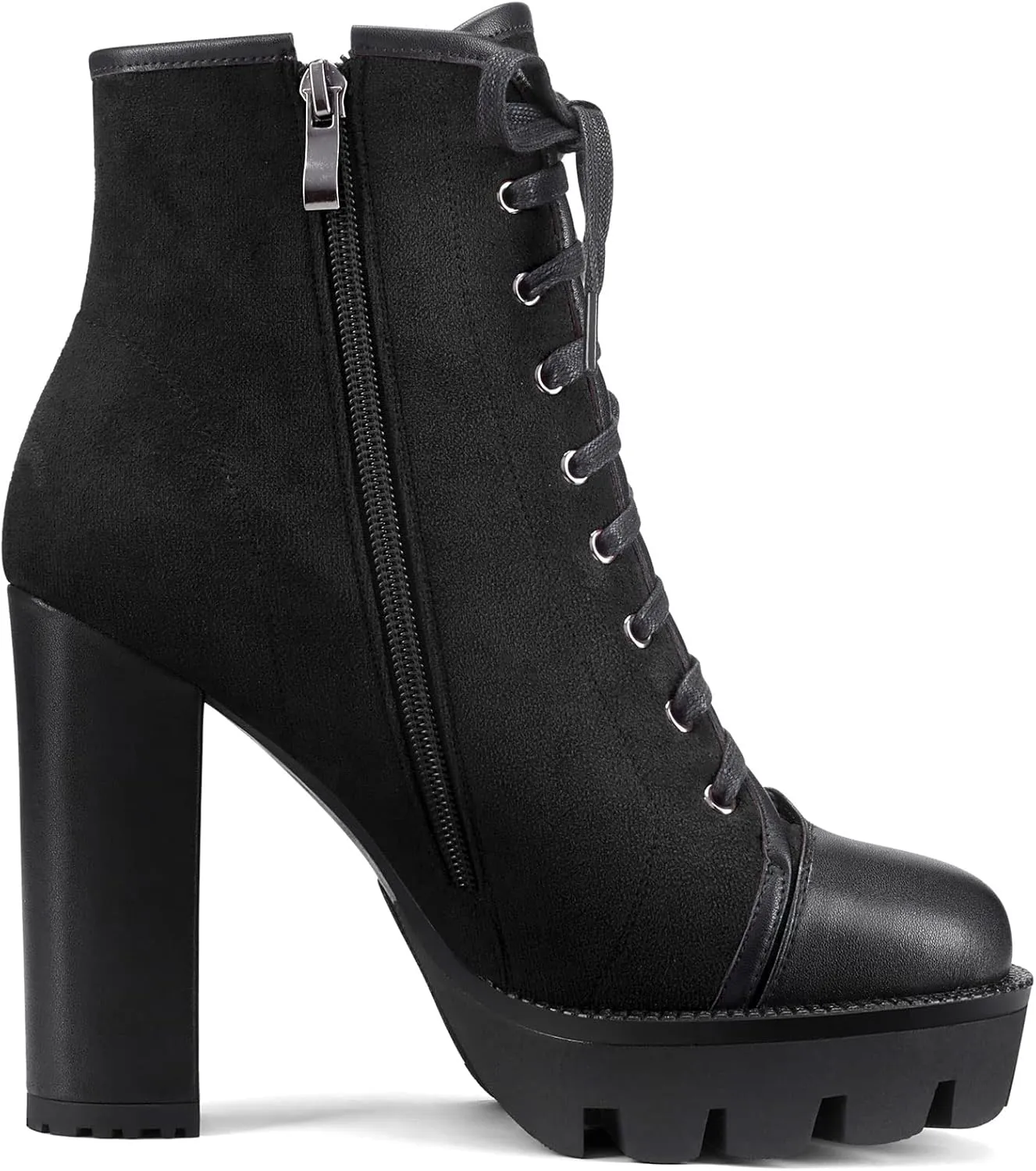 HEUIVZAR Womens Platform Closed Toe Ankle Boots Short Bootie Chunky Block High Heel Zipper Lace-up Classic Suede 5 Inch