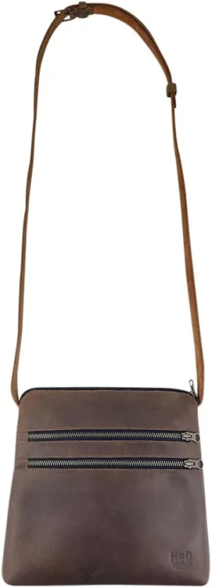 Hide & Drink, 3-Zipper Satchel Handmade from Full Grain Leather and Plaid Cotton - Versatile Handbag - Bourbon Brown