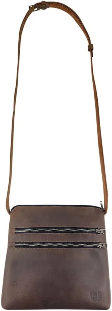 Hide & Drink, 3-Zipper Satchel Handmade from Full Grain Leather and Plaid Cotton - Versatile Handbag - Bourbon Brown