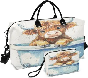 Highland Cow Tub Sports Gym Bag for Women Men Travel Duffel Bag Weekend Overnight Carry on Bag with Toiletry Bag Workout Dance Bag for Swimming Yoga Workout Plane Hospital