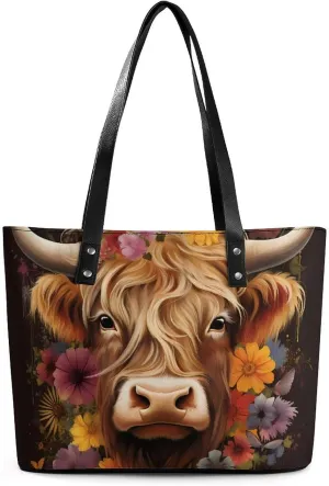Highland Cow Women's Tote Bag Leather Purse Shoulder Handbag Portable Shopping Bag for Travel Office