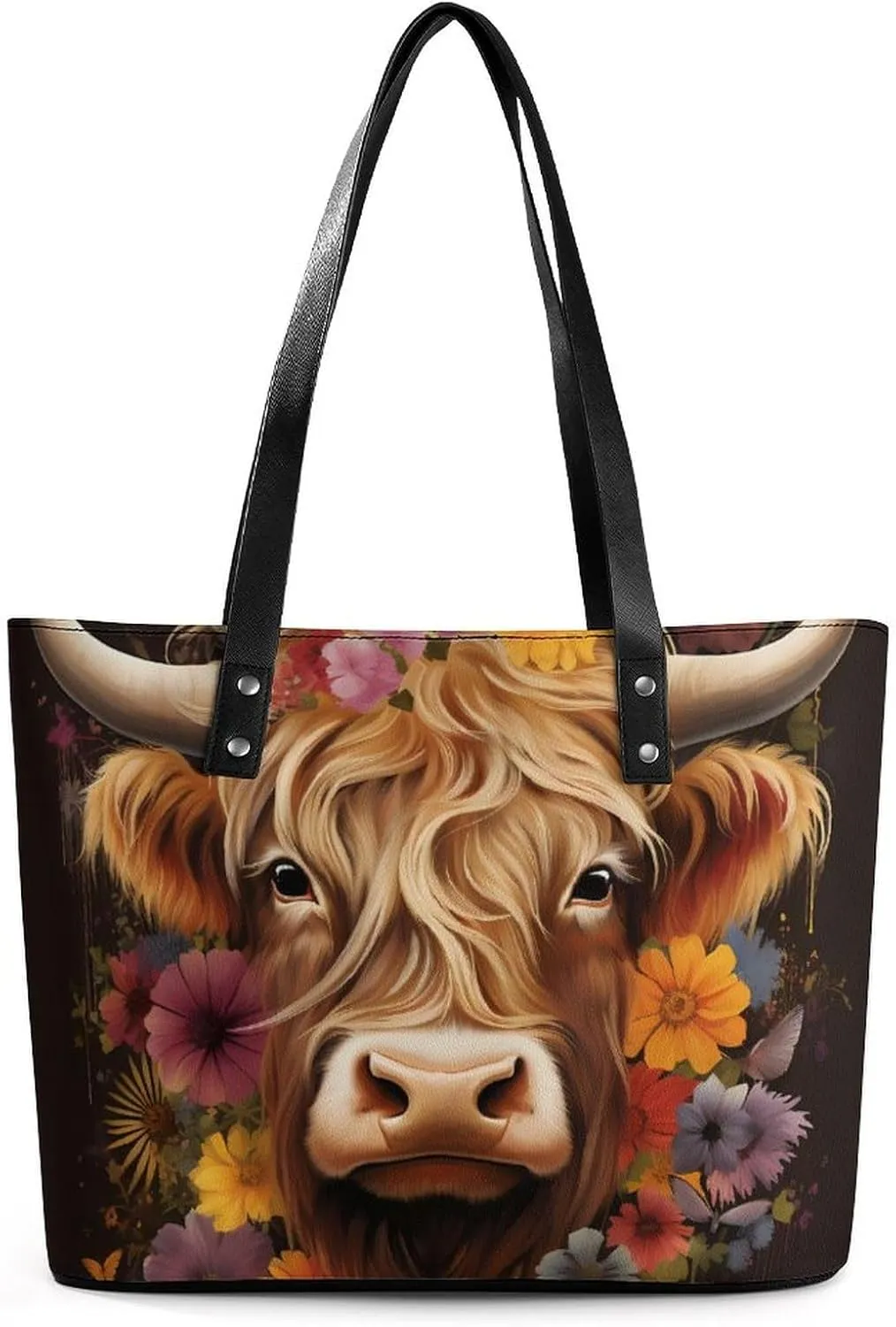 Highland Cow Women's Tote Bag Leather Purse Shoulder Handbag Portable Shopping Bag for Travel Office