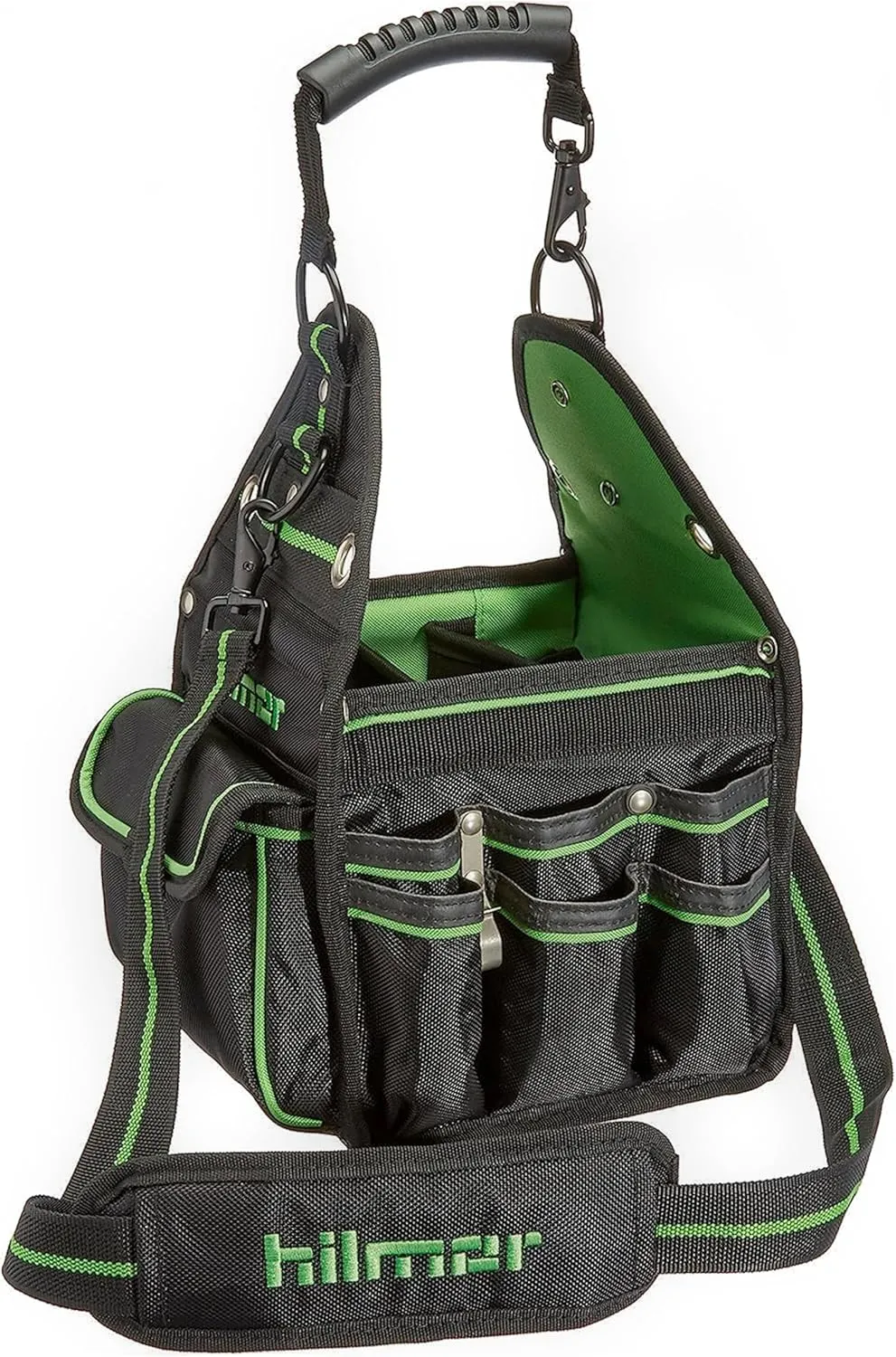Hilmor HT 1839078 HVAC Tool Bag with 27 Pockets, Key Clip, Tape Loop, Shoulder Strap,HVAC/R Tools and Equipment, Black/Green, 13”