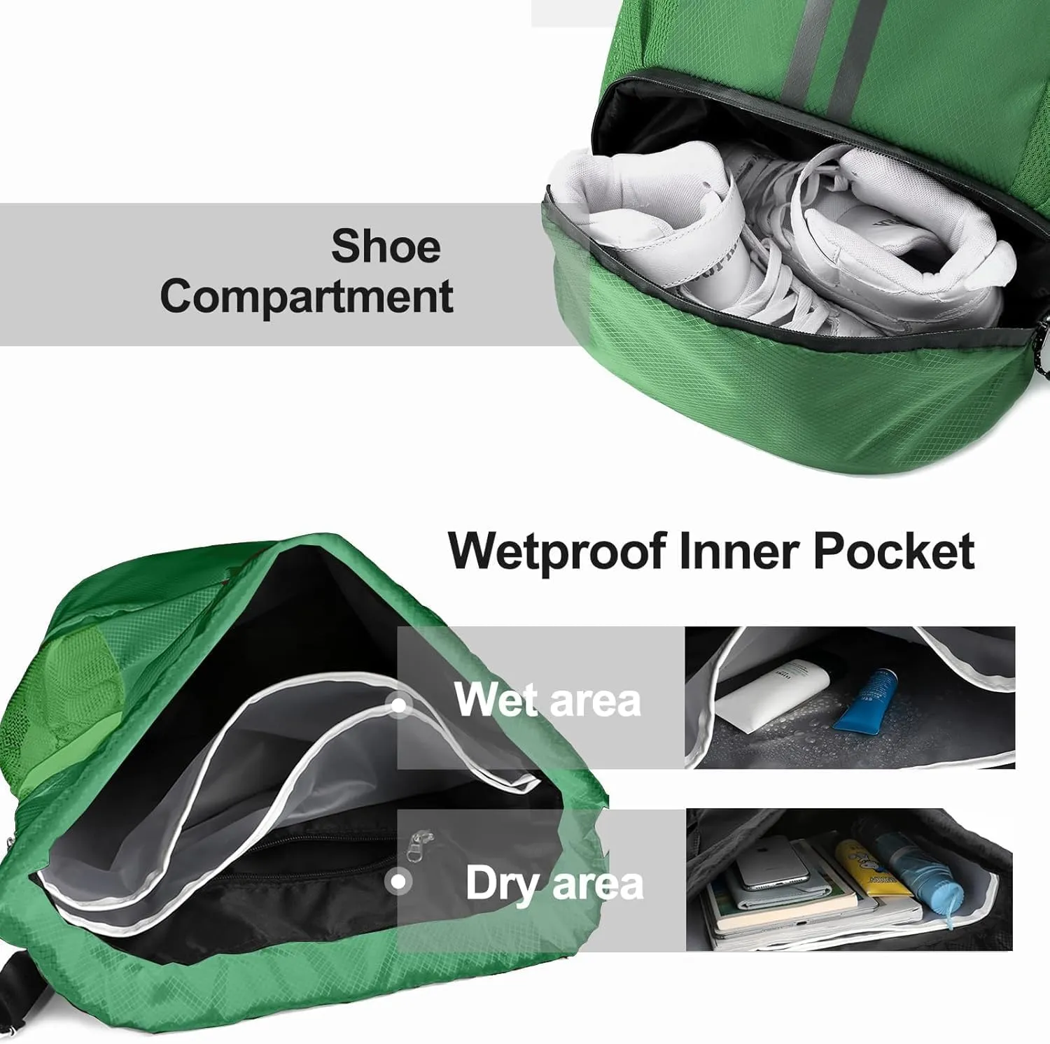 Hoedia Sports Drawstring Backpack - String Swim Gym Bag with Shoes Compartment and Wet Proof Pocket for Women and Men, Dark Green