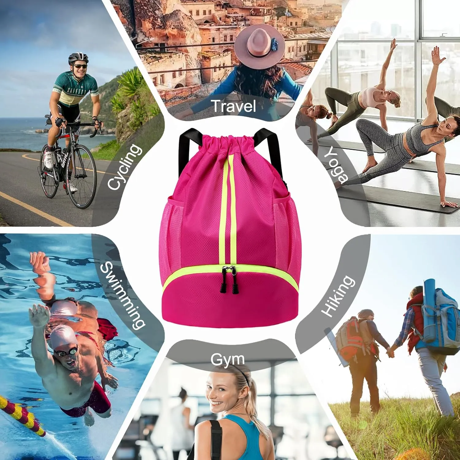 Hoedia Sports Drawstring Backpack - String Swim Gym Bag with Shoes Compartment and Wet Proof Pocket for Women&Men