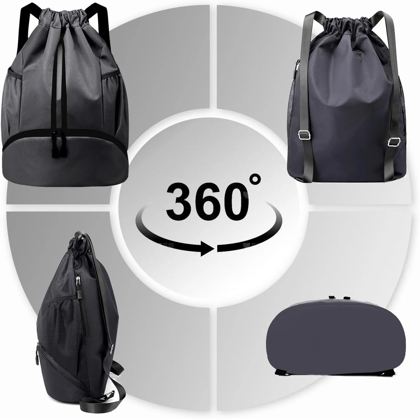 Hoedia Sports Drawstring Backpack - String Swim Gym Bag with Shoes Compartment and Wet Proof Pocket for Women/Men (Dark Grey)