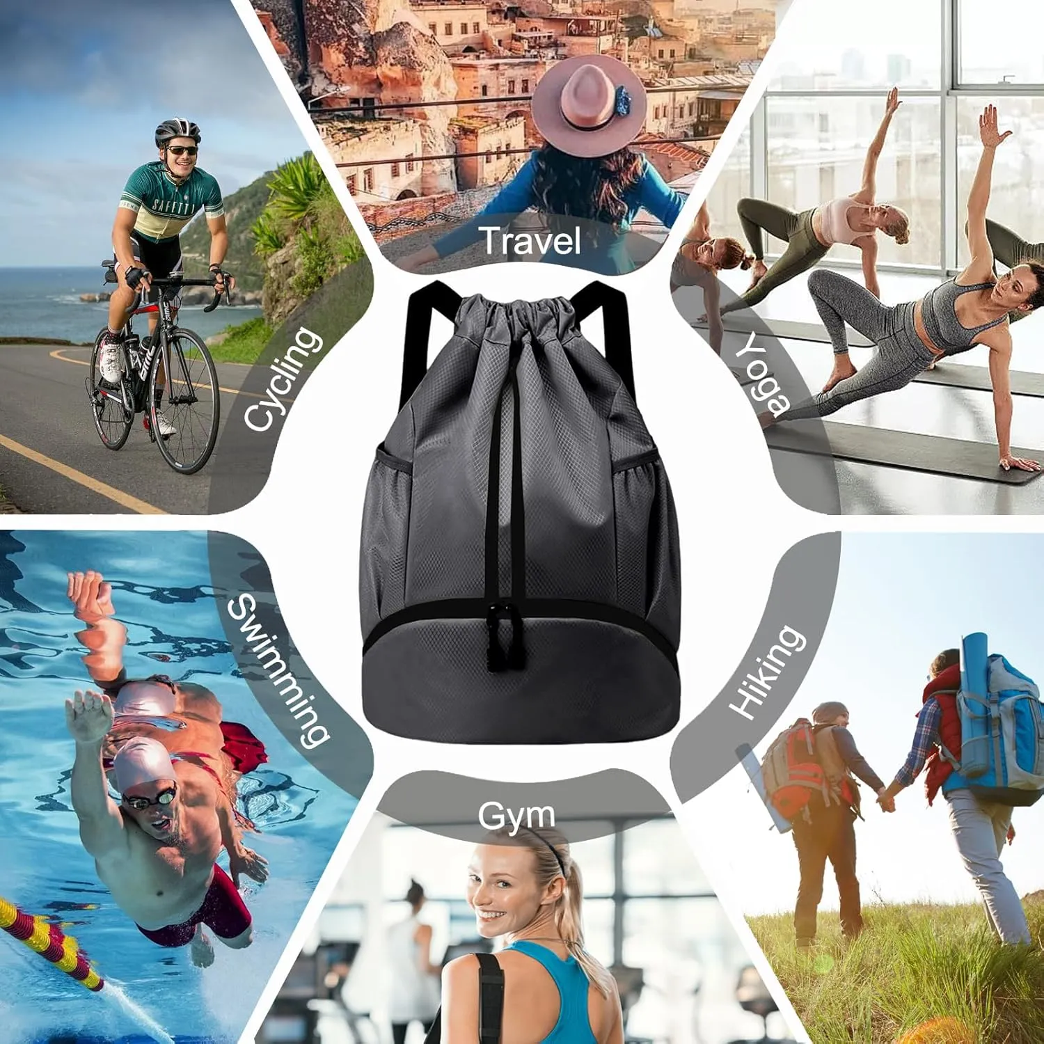 Hoedia Sports Drawstring Backpack - String Swim Gym Bag with Shoes Compartment and Wet Proof Pocket for Women/Men (Dark Grey)