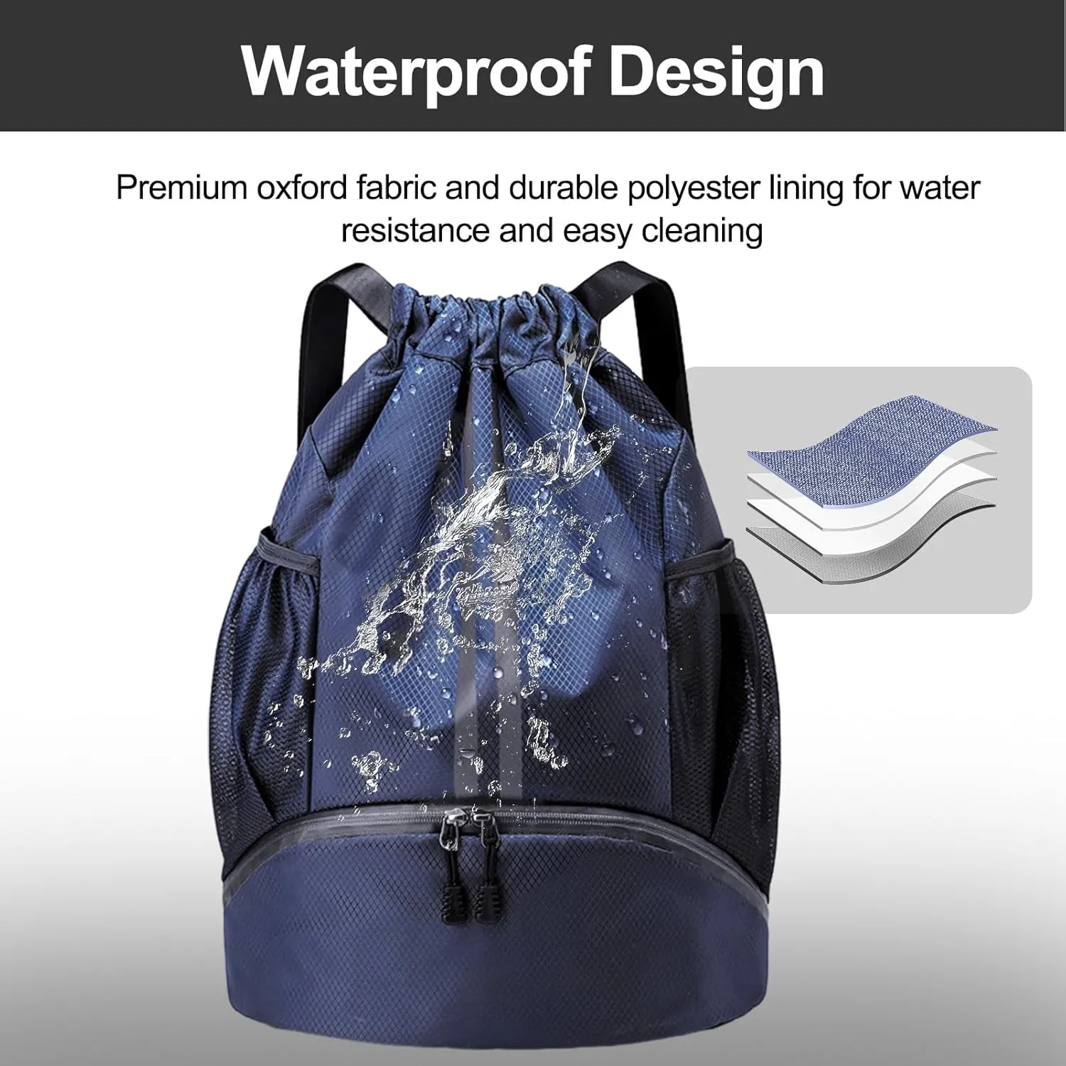 Hoedia Sports Drawstring Backpack - String Swim Gym Bag with Shoes Compartment and Wet Proof Pocket for Women/Men (Navy Blue)