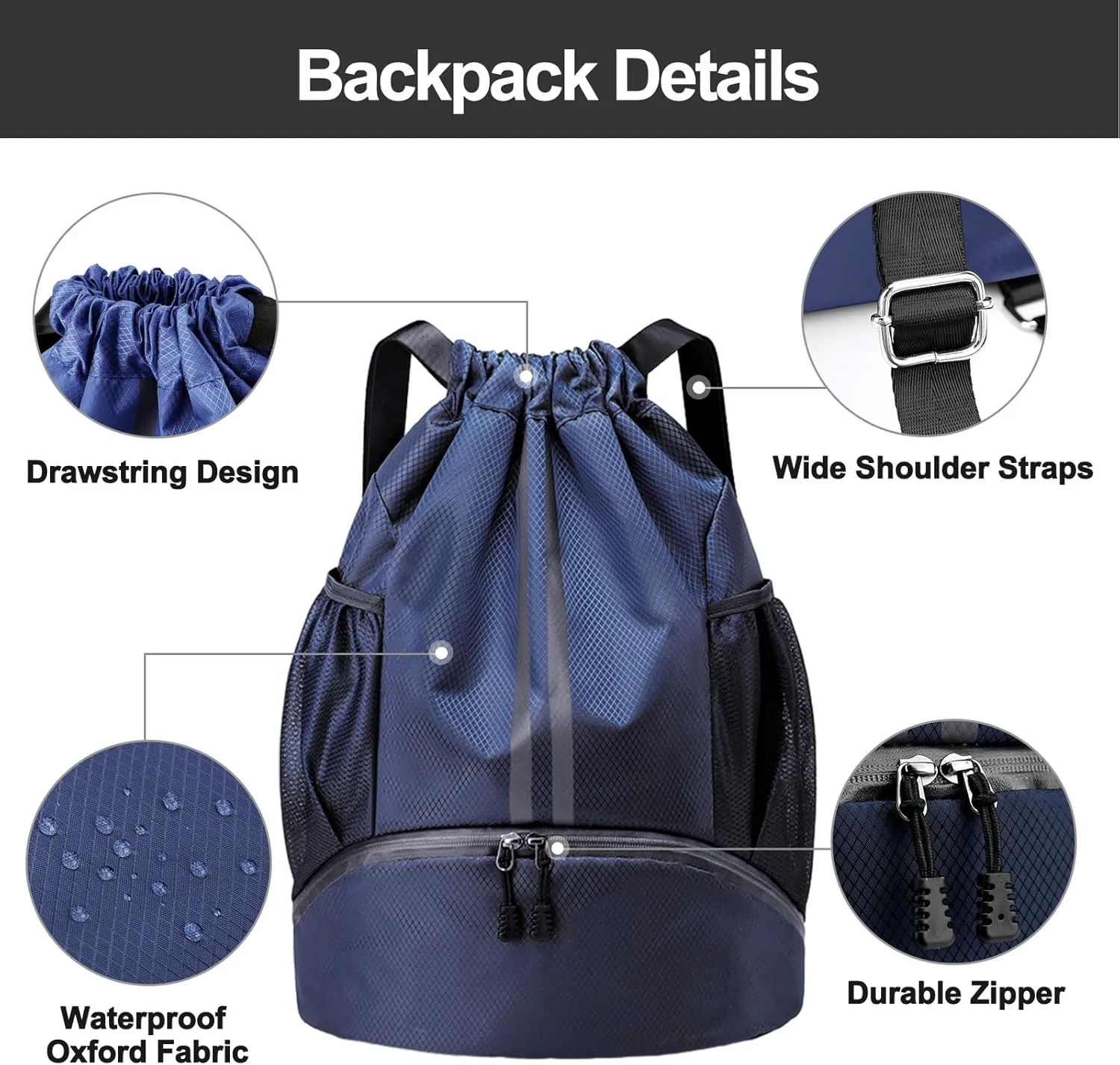 Hoedia Sports Drawstring Backpack - String Swim Gym Bag with Shoes Compartment and Wet Proof Pocket for Women/Men (Navy Blue)