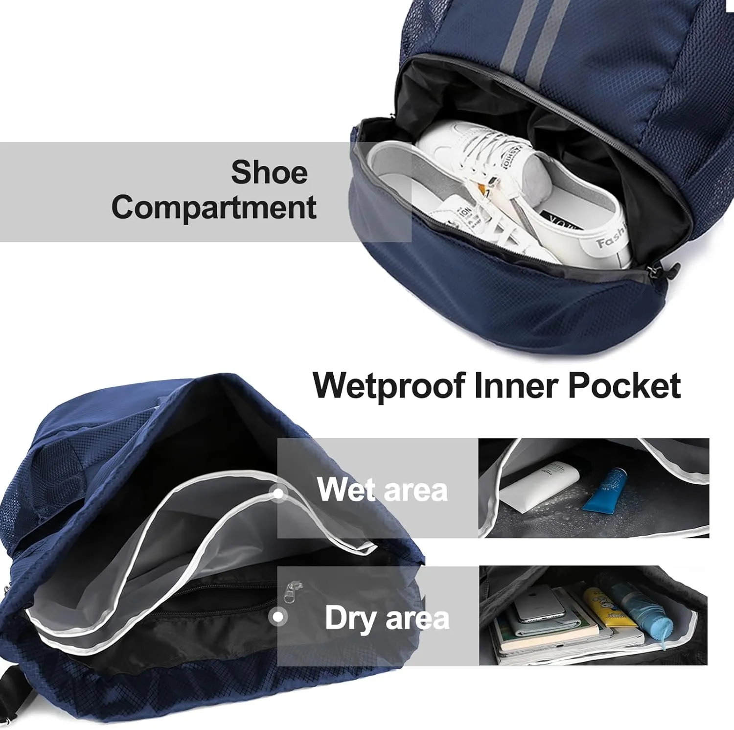 Hoedia Sports Drawstring Backpack - String Swim Gym Bag with Shoes Compartment and Wet Proof Pocket for Women/Men (Navy Blue)