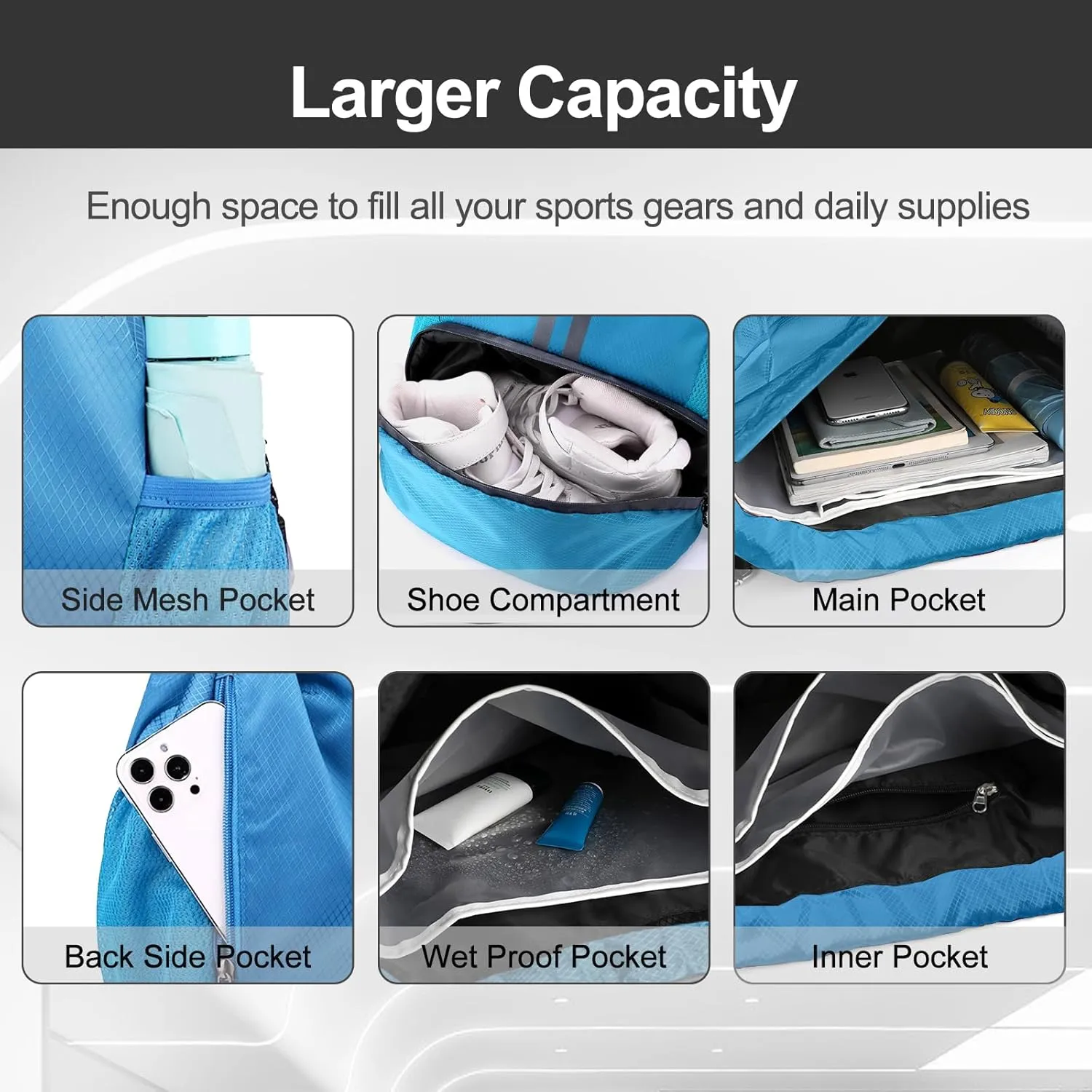 Hoedia Sports Drawstring Backpack - String Swim Gym Bag with Shoes Compartment and Wet Proof Pocket for Women/Men (Sky Blue)