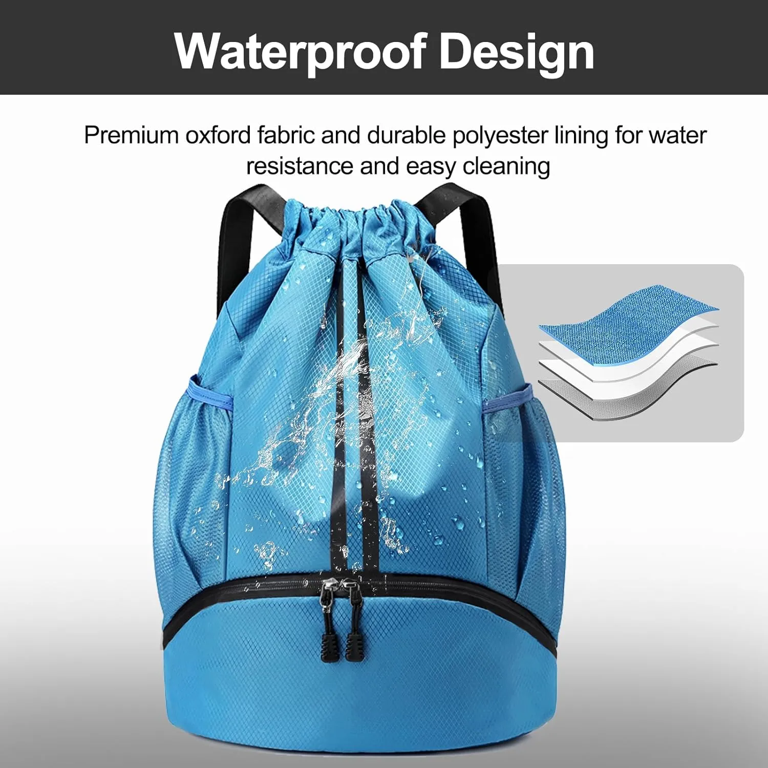 Hoedia Sports Drawstring Backpack - String Swim Gym Bag with Shoes Compartment and Wet Proof Pocket for Women/Men (Sky Blue)