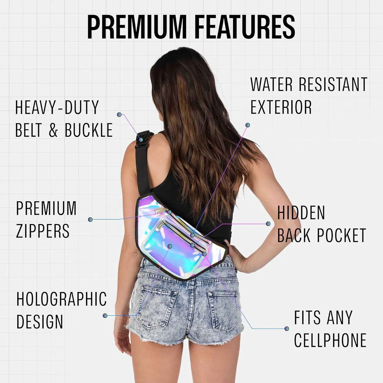 Holographic Fanny Pack Belt bag - Crossbody Waist Bag for Men or Women - Hands-Free, Waterproof Large Bumbag for Hiking, Running, and Travel (Luminous)