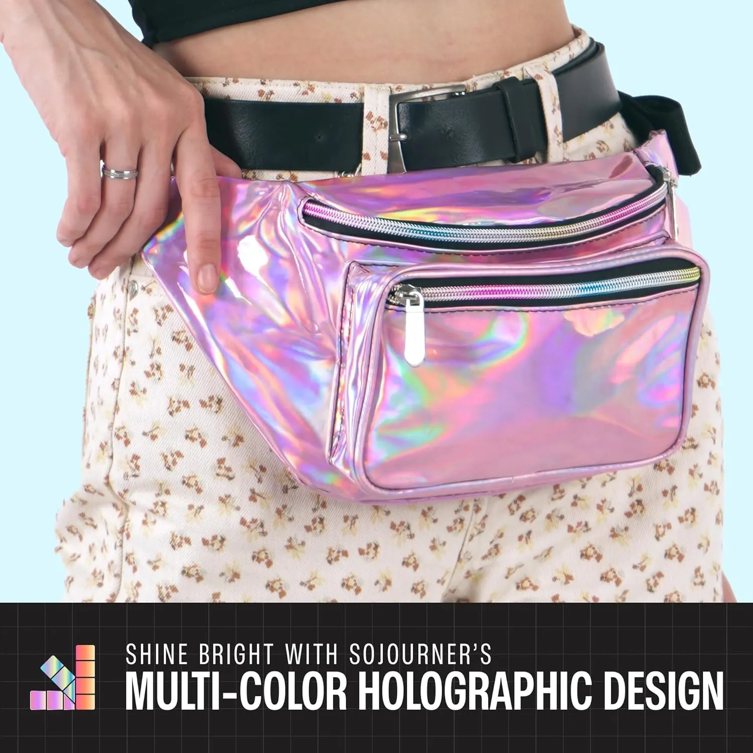 Holographic Fanny Pack Belt bag - Crossbody Waist Bag for Men or Women - Hands-Free, Waterproof Large Bumbag for Hiking, Running, and Travel (Pale Pink)