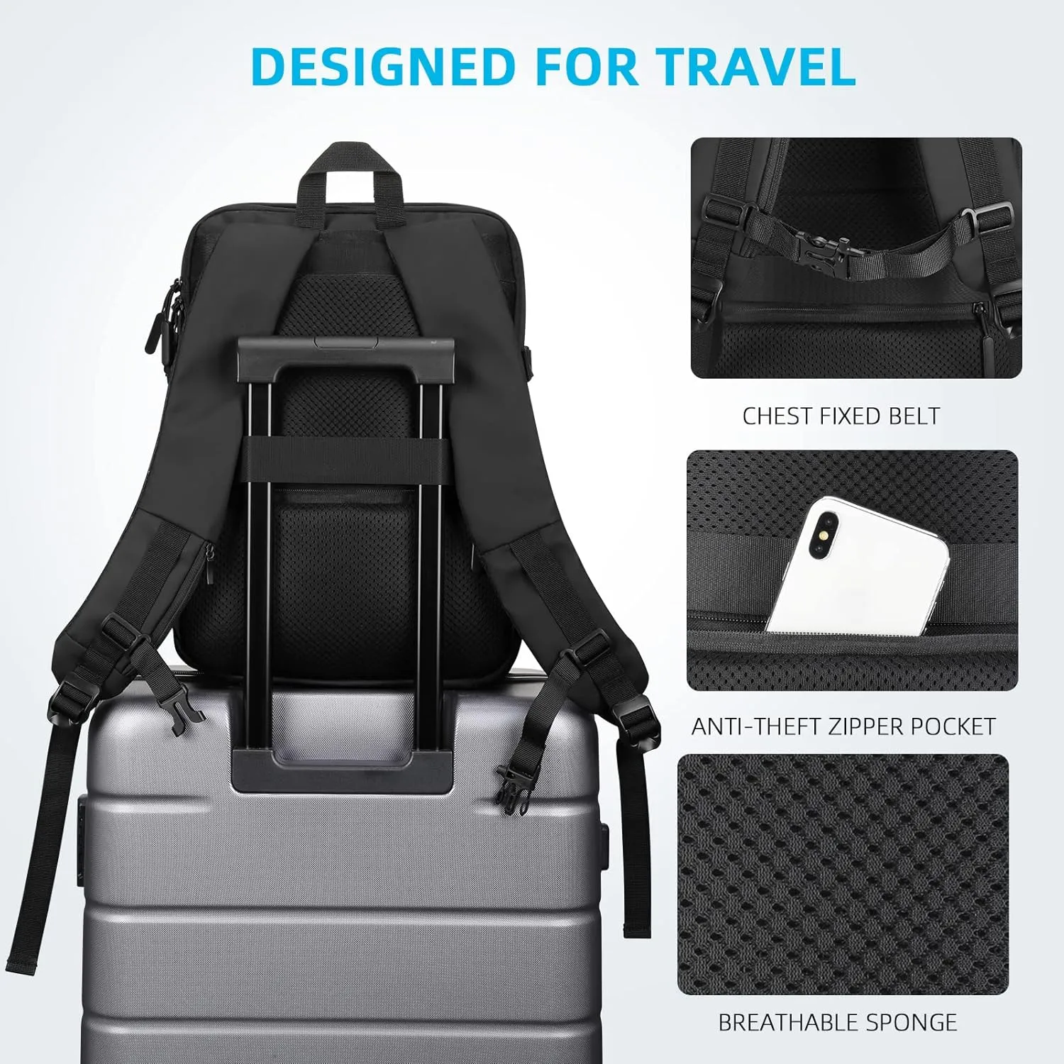 HOMIEE Travel Laptop Backpack TSA Friendly Flight Approved Carry-on Bags with USB Charging Port, Expandable Luggage Daypack Extra Large Suitcase Durable Weekender Bag, Black