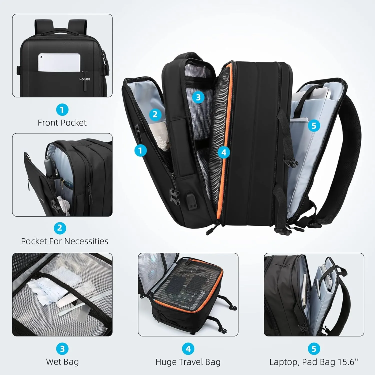 HOMIEE Travel Laptop Backpack TSA Friendly Flight Approved Carry-on Bags with USB Charging Port, Expandable Luggage Daypack Extra Large Suitcase Durable Weekender Bag, Black