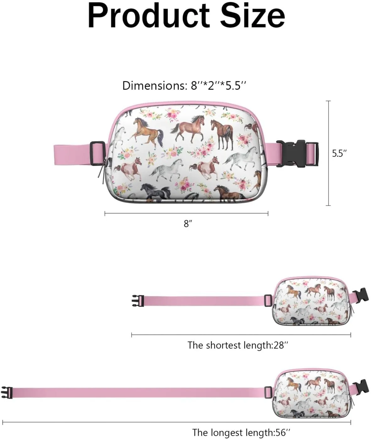 Horse Mini Belt Bag for Men Women Pony Floral Waist Packs Crossbody Bags Adjustable Strap for Hiking Cycling Sports