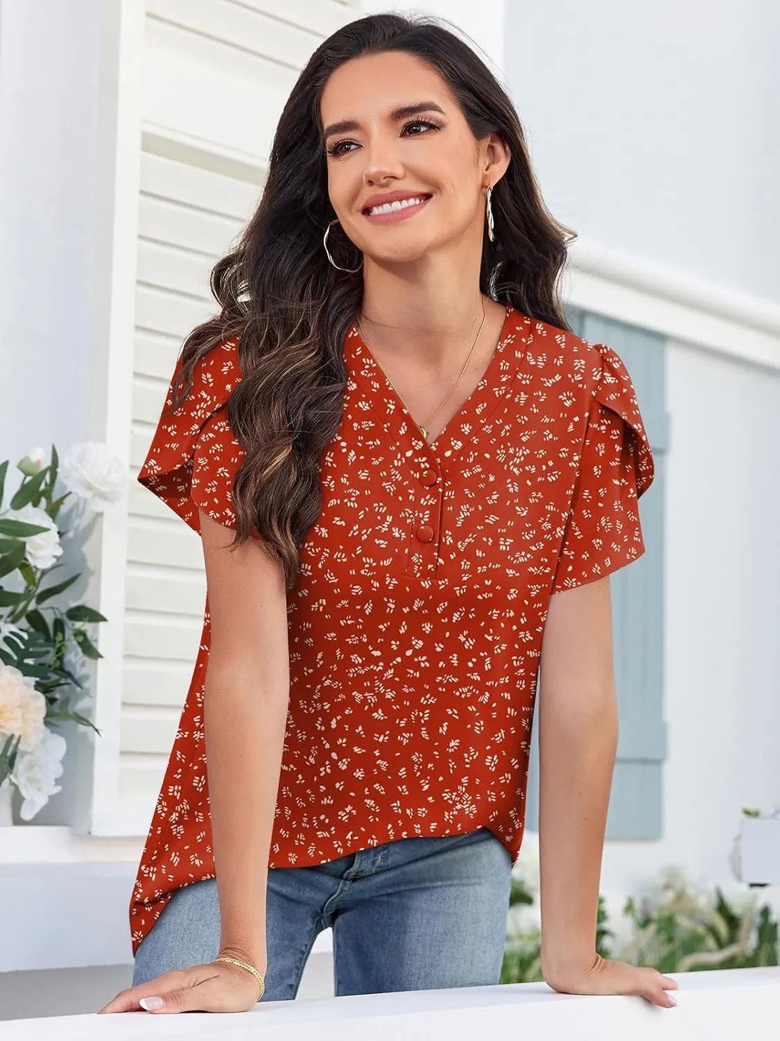 HOTGIFT Womens Blouse 2025 Summer Short Sleeve V Neck Buttons Chiffon Tops M-3XL