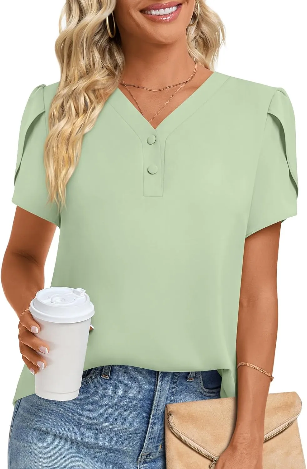 HOTGIFT Womens Blouse 2025 Summer Short Sleeve V Neck Buttons Chiffon Tops M-3XL
