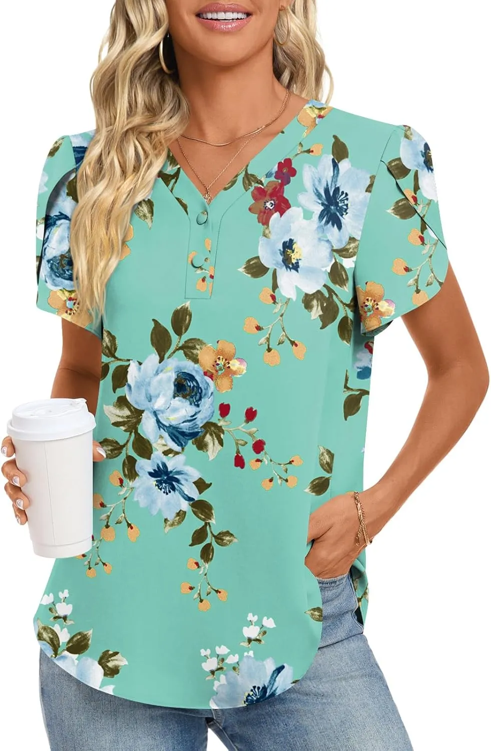HOTGIFT Womens Blouse 2025 Summer Short Sleeve V Neck Buttons Chiffon Tops M-3XL