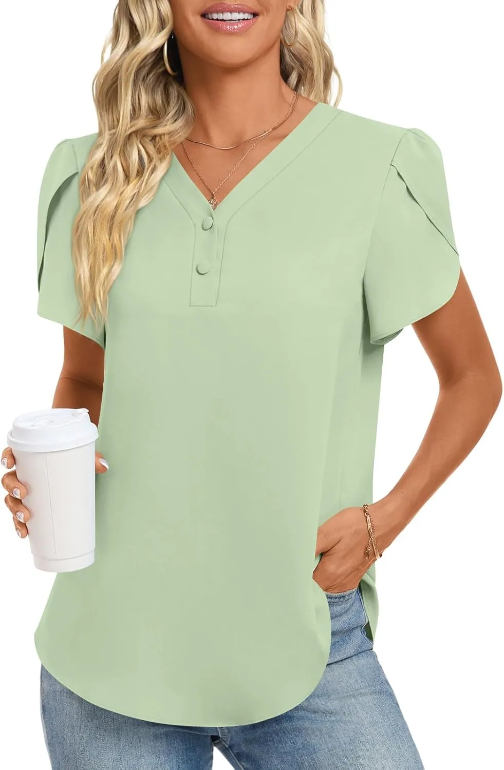 HOTGIFT Womens Blouse 2025 Summer Short Sleeve V Neck Buttons Chiffon Tops M-3XL