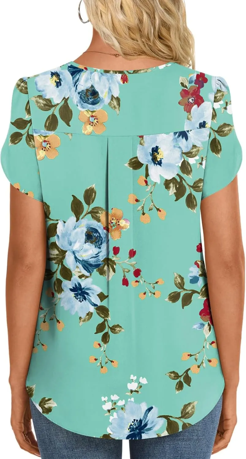 HOTGIFT Womens Blouse 2025 Summer Short Sleeve V Neck Buttons Chiffon Tops M-3XL