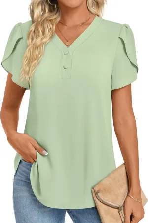 HOTGIFT Womens Blouse 2025 Summer Short Sleeve V Neck Buttons Chiffon Tops M-3XL