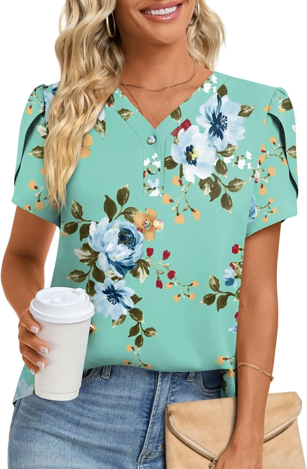 HOTGIFT Womens Blouse 2025 Summer Short Sleeve V Neck Buttons Chiffon Tops M-3XL