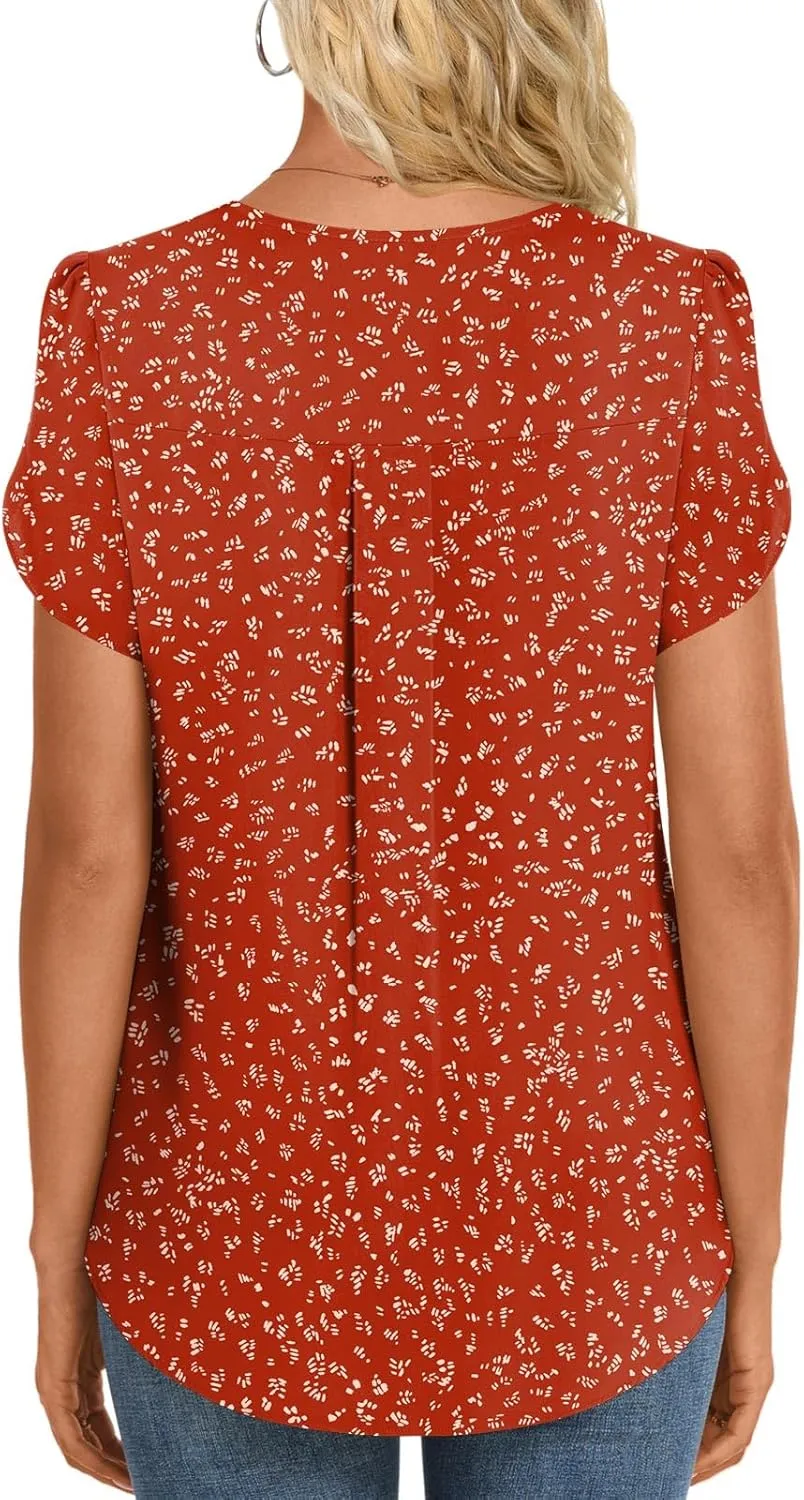 HOTGIFT Womens Blouse 2025 Summer Short Sleeve V Neck Buttons Chiffon Tops M-3XL