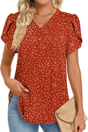 HOTGIFT Womens Blouse 2025 Summer Short Sleeve V Neck Buttons Chiffon Tops M-3XL
