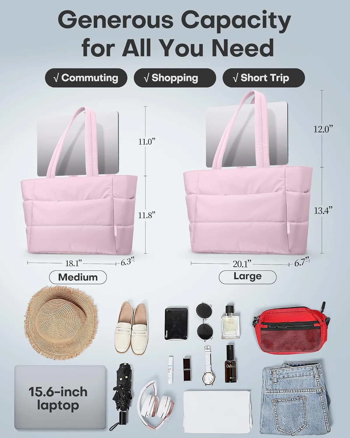 HOTOR Puffer Tote Bag for Women, Nurses - Multi-Pocket Lightweight Bag for Work - Quilted Handbag for Travel and Gym