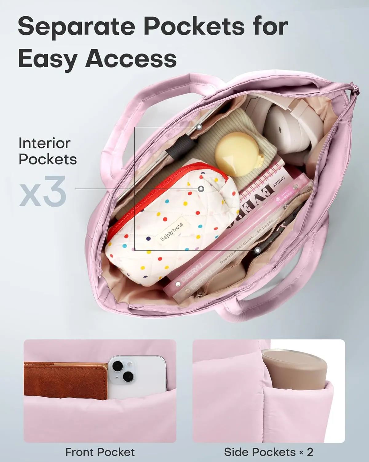 HOTOR Puffer Tote Bag for Women, Nurses - Multi-Pocket Lightweight Bag for Work - Quilted Handbag for Travel and Gym