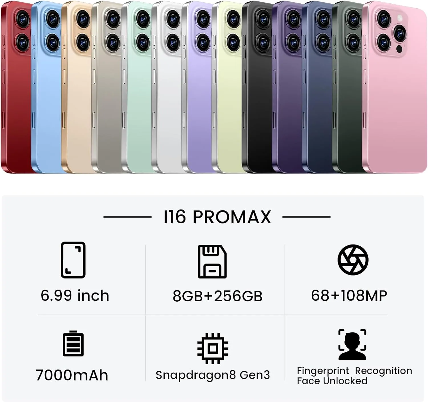Huness I16 ProMAX Smartphone Unlocked Cell Phone,6.99" HD Screen Unlocked Phone,8 256GB Android 13 with 128GB Memory Card,Face ID/Dual SIM/5G/Fingerprint Button Unlock/Photos/GPS (Deep Blue, 8 256)
