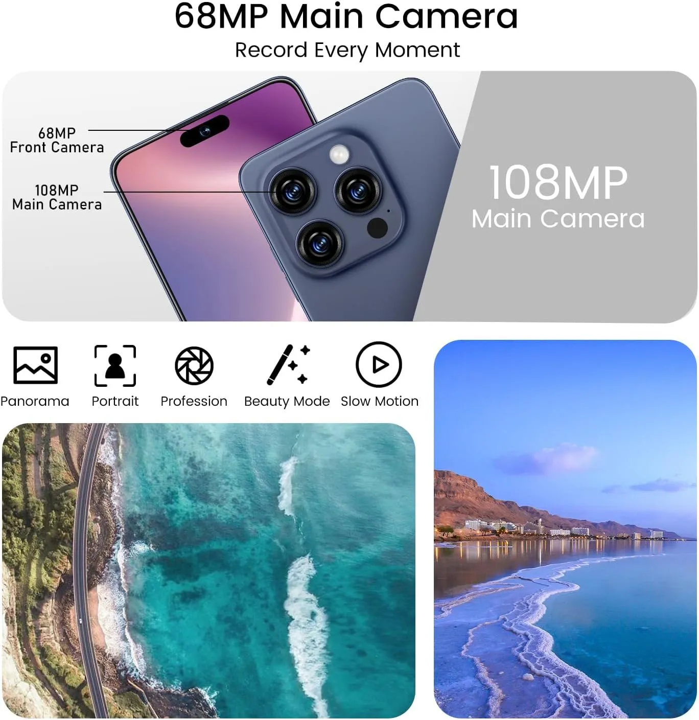 Huness I16 ProMAX Smartphone Unlocked Cell Phone,6.99" HD Screen Unlocked Phone,8 256GB Android 13 with 128GB Memory Card,Face ID/Dual SIM/5G/Fingerprint Button Unlock/Photos/GPS (Deep Blue, 8 256)