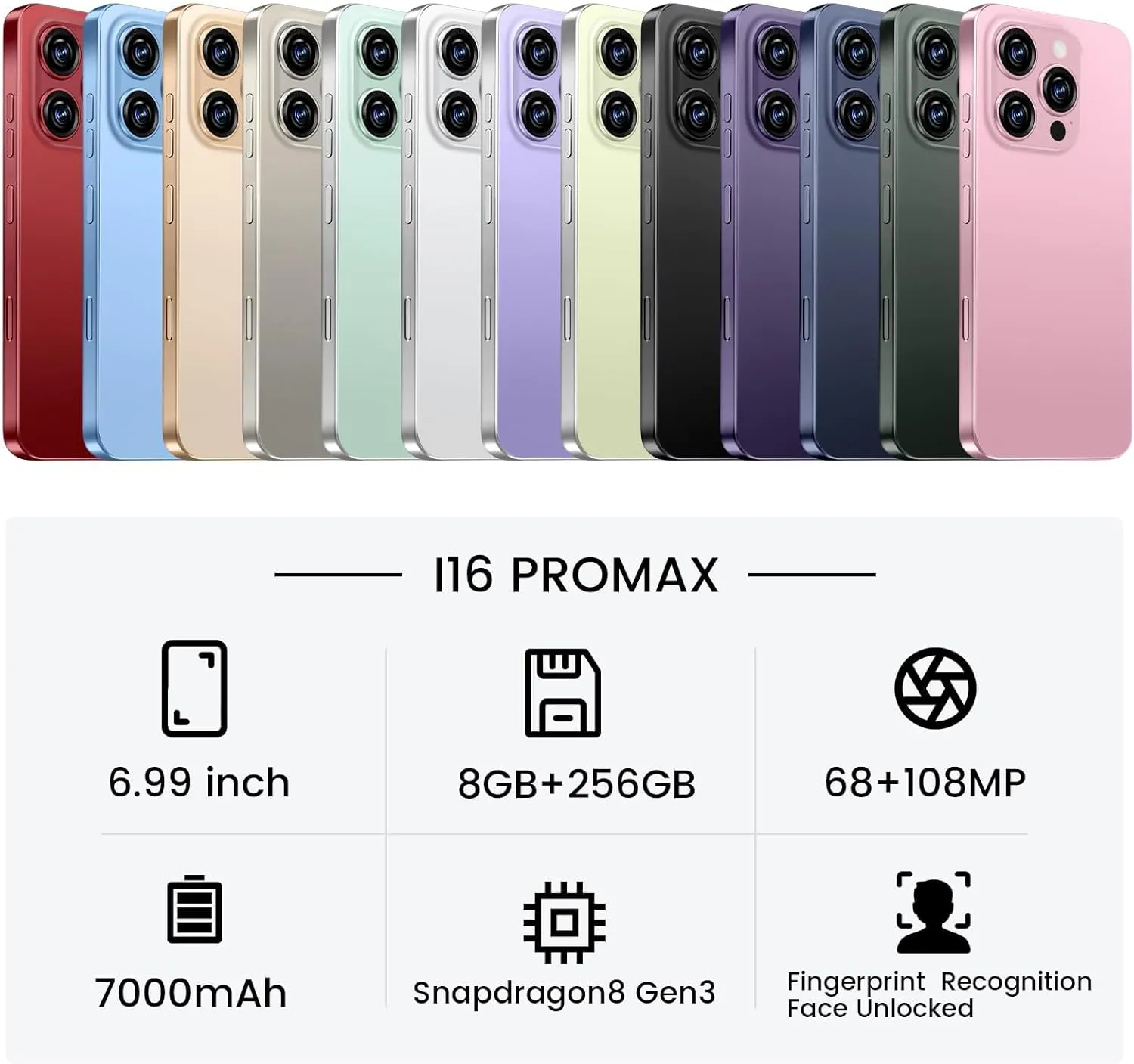 Huness I16 ProMAX Smartphone Unlocked Cell Phone,6.99" HD Screen Unlocked Phone,8 256GB Android 13 with 128GB Memory Card,Face ID/Dual SIM/5G/Fingerprint Button Unlock/Photos/GPS (Dreep Green, 8 256)