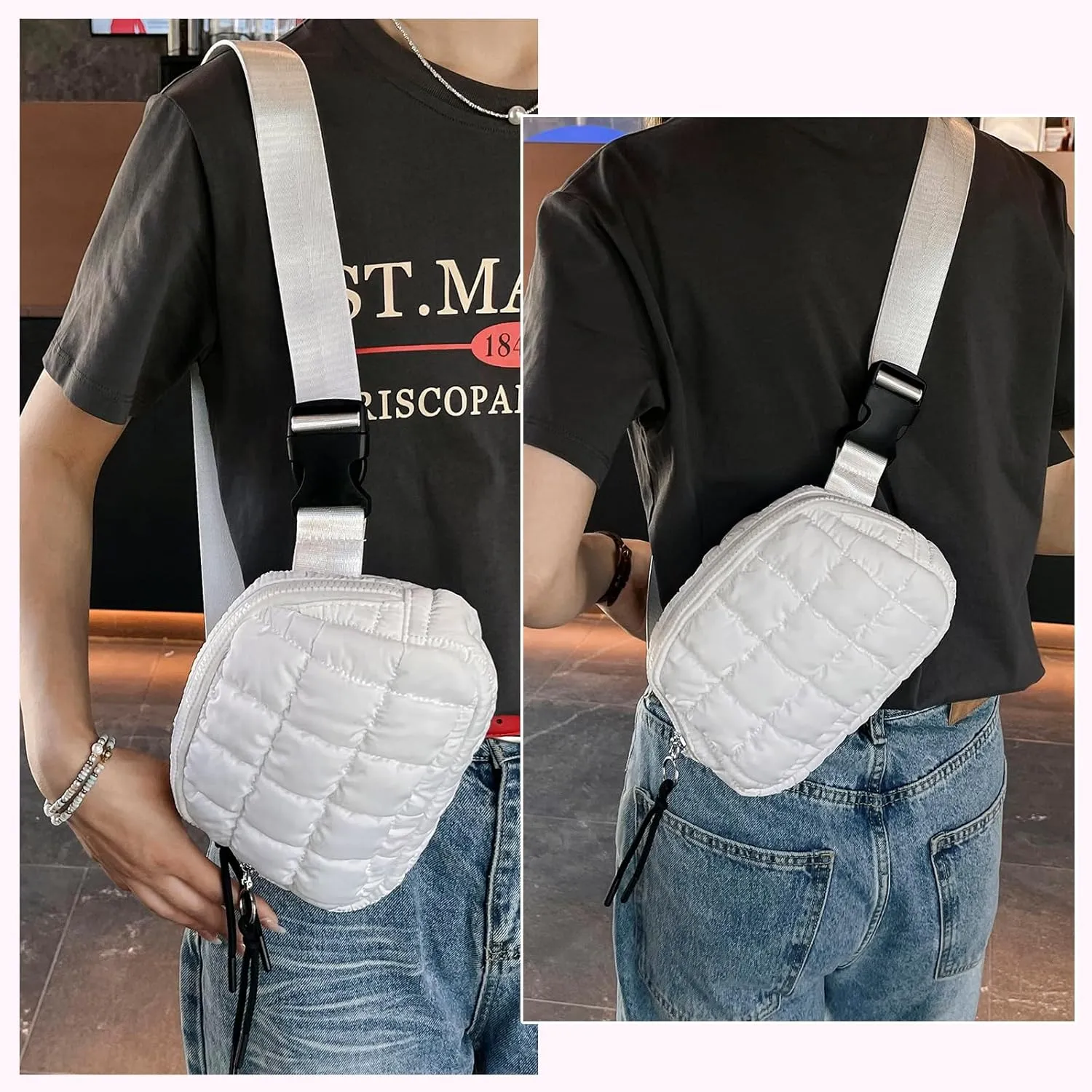 I IHAYNER Quilted Puffer Belt Bag Fanny Waist Packs Small Crossbody Bag with Adjustable Strap for Traveling Hiking Black