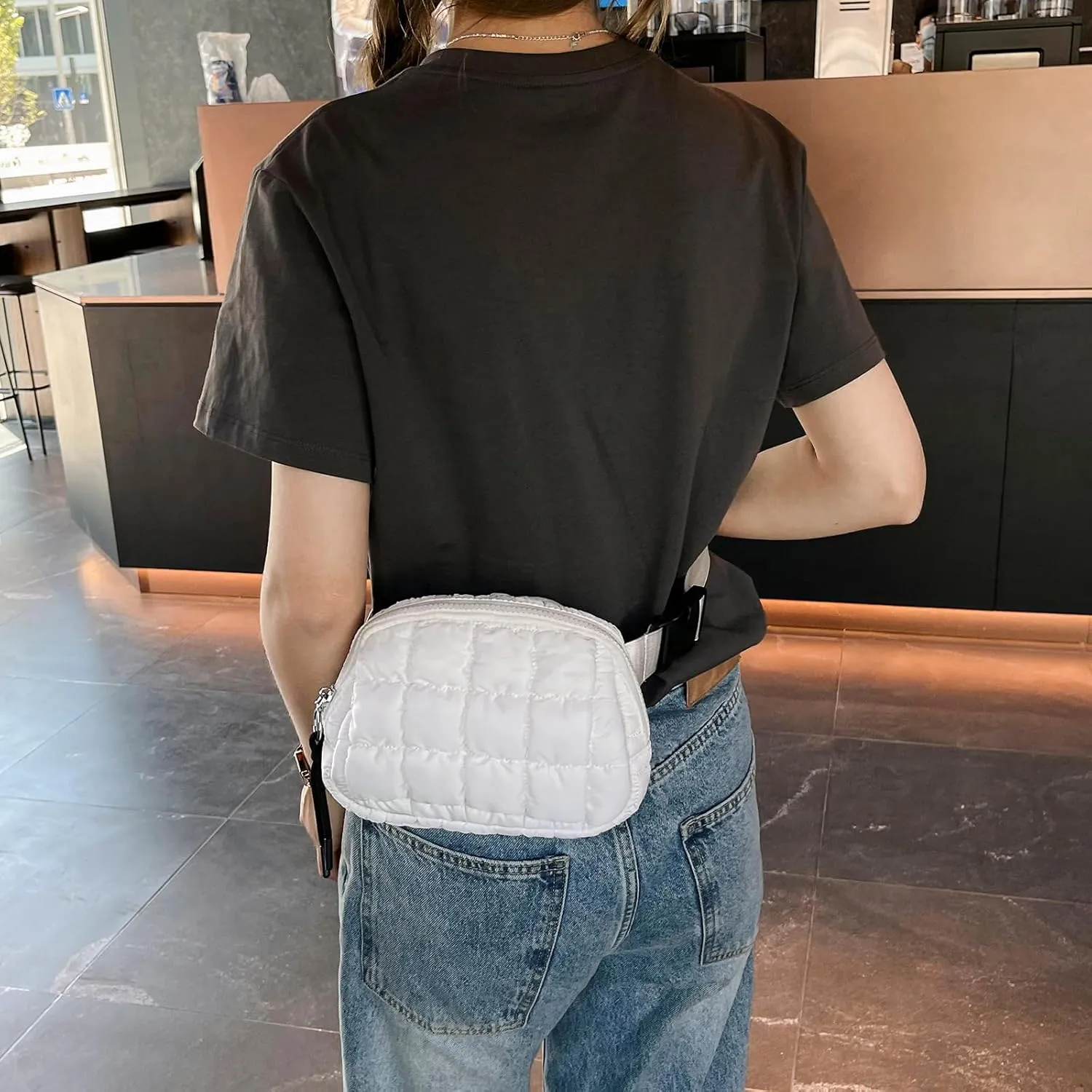 I IHAYNER Quilted Puffer Belt Bag Fanny Waist Packs Small Crossbody Bag with Adjustable Strap for Traveling Hiking Black