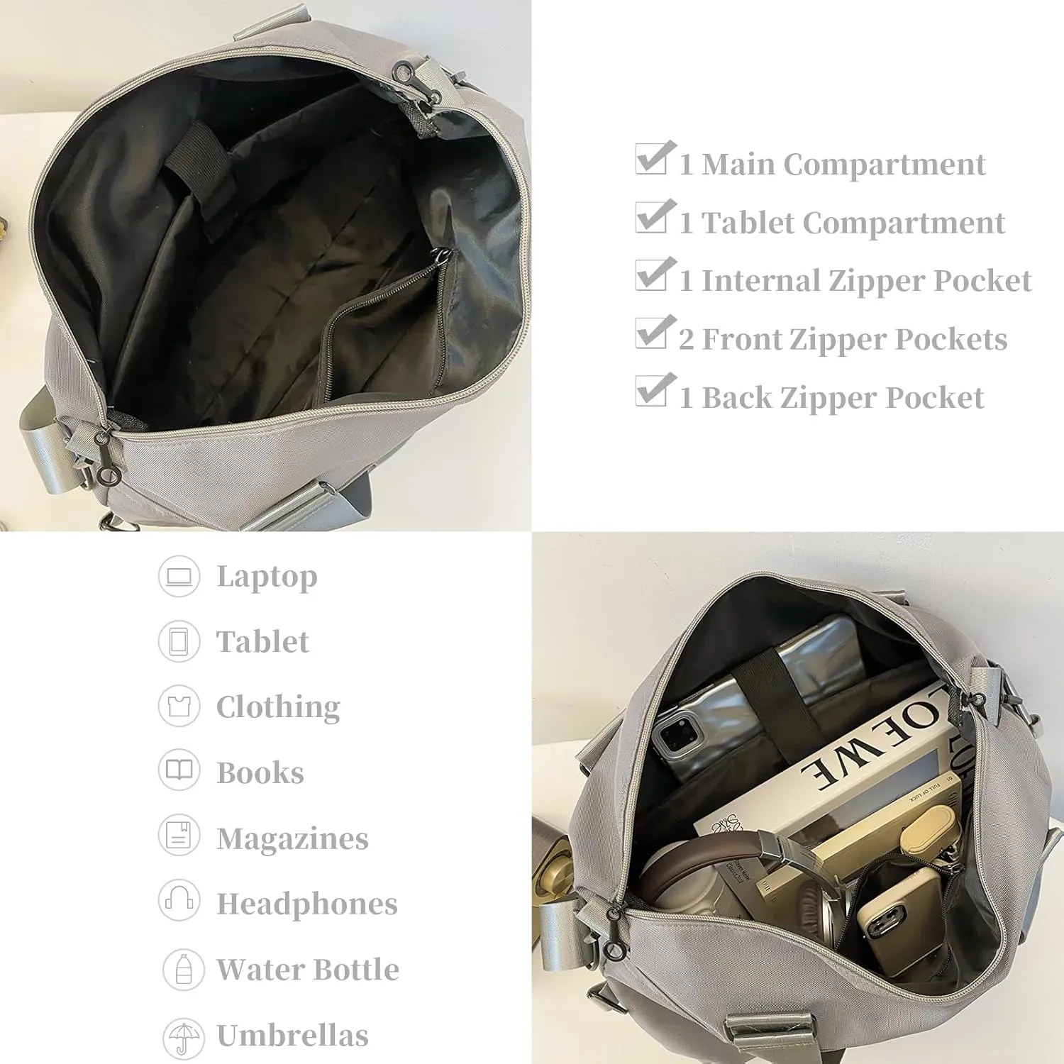 IHAYNER Women's Travel Weekender Duffle Bag with Laptop Compartment, Carry-On Overnight Gym Bag, Grey