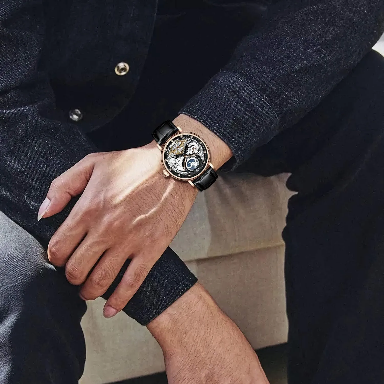 IK COLOURING Bestn Mens Luxury Skeleton Automatic Mechanical Wrist Watches Leather Moon Phrase Luminous Hands Self-Wind Watch