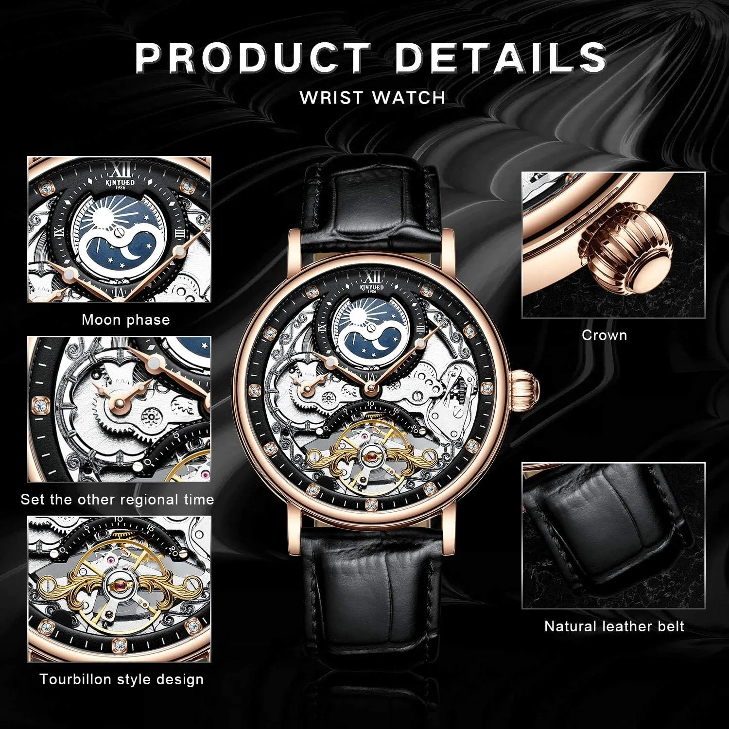 IK COLOURING Bestn Mens Luxury Skeleton Automatic Mechanical Wrist Watches Leather Moon Phrase Luminous Hands Self-Wind Watch
