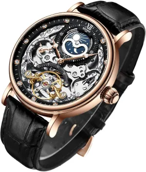 IK COLOURING Bestn Mens Luxury Skeleton Automatic Mechanical Wrist Watches Leather Moon Phrase Luminous Hands Self-Wind Watch