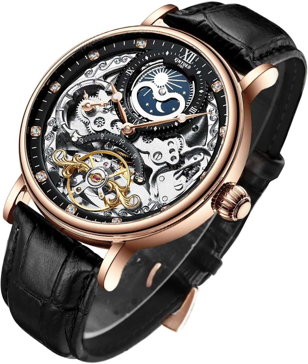 IK COLOURING Bestn Mens Luxury Skeleton Automatic Mechanical Wrist Watches Leather Moon Phrase Luminous Hands Self-Wind Watch
