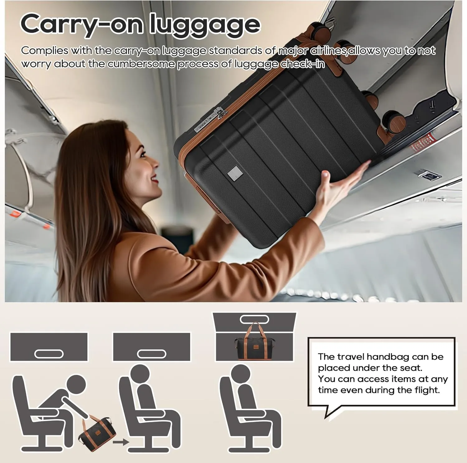imiomo Carry on Luggage 22x14x9 Airline Approved with Satchel Bag, Hardside 20 Inch Carry-on Suitcases with Spinner Wheels and TSA Lock, Black