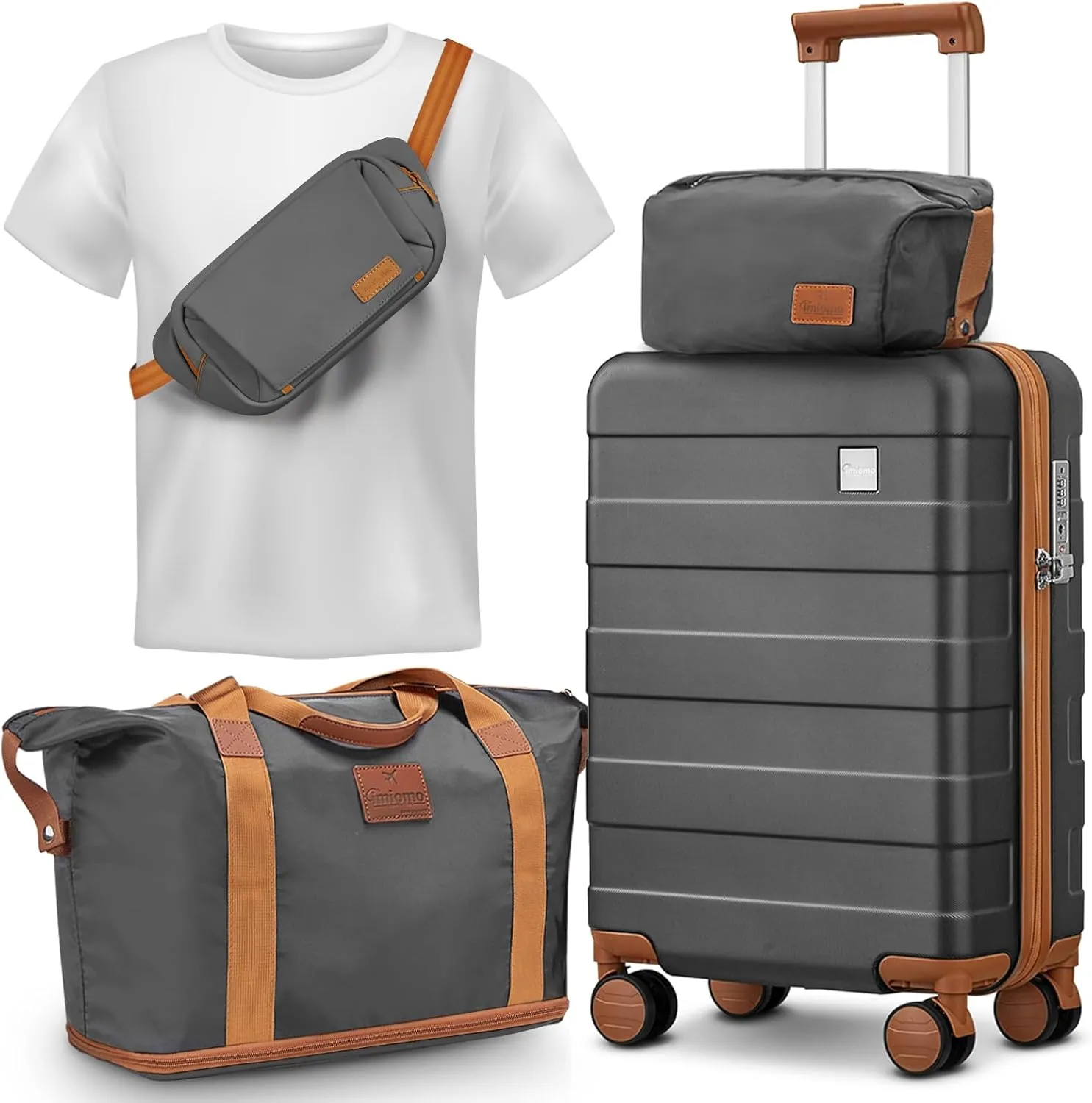 imiomo Carry on Luggage 22x14x9 Airline Approved with Satchel Bag, Hardside 20 Inch Carry-on Suitcases with Spinner Wheels and TSA Lock, Grey