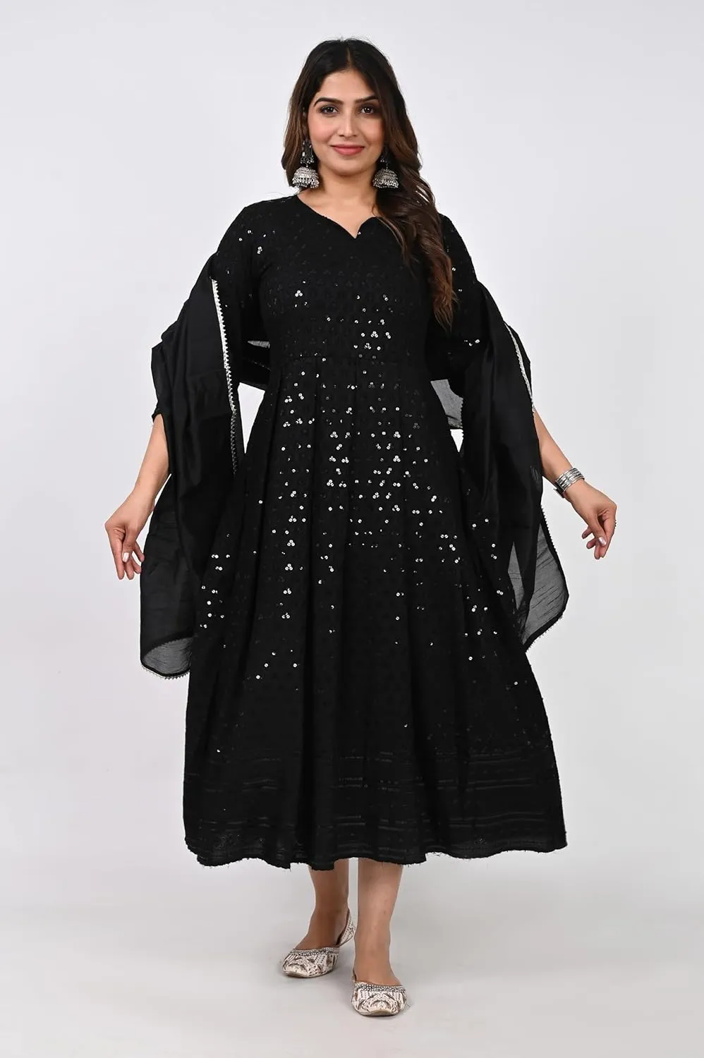 INDACORIFY Handmade Cotton Lucknowi Anarkali Kurti Chikankari Work Dress with Dupatta Set for Women Indian Suit