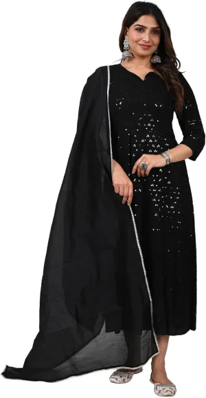 INDACORIFY Handmade Cotton Lucknowi Anarkali Kurti Chikankari Work Dress with Dupatta Set for Women Indian Suit