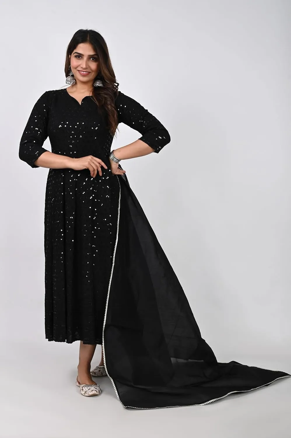 INDACORIFY Handmade Cotton Lucknowi Anarkali Kurti Chikankari Work Dress with Dupatta Set for Women Indian Suit