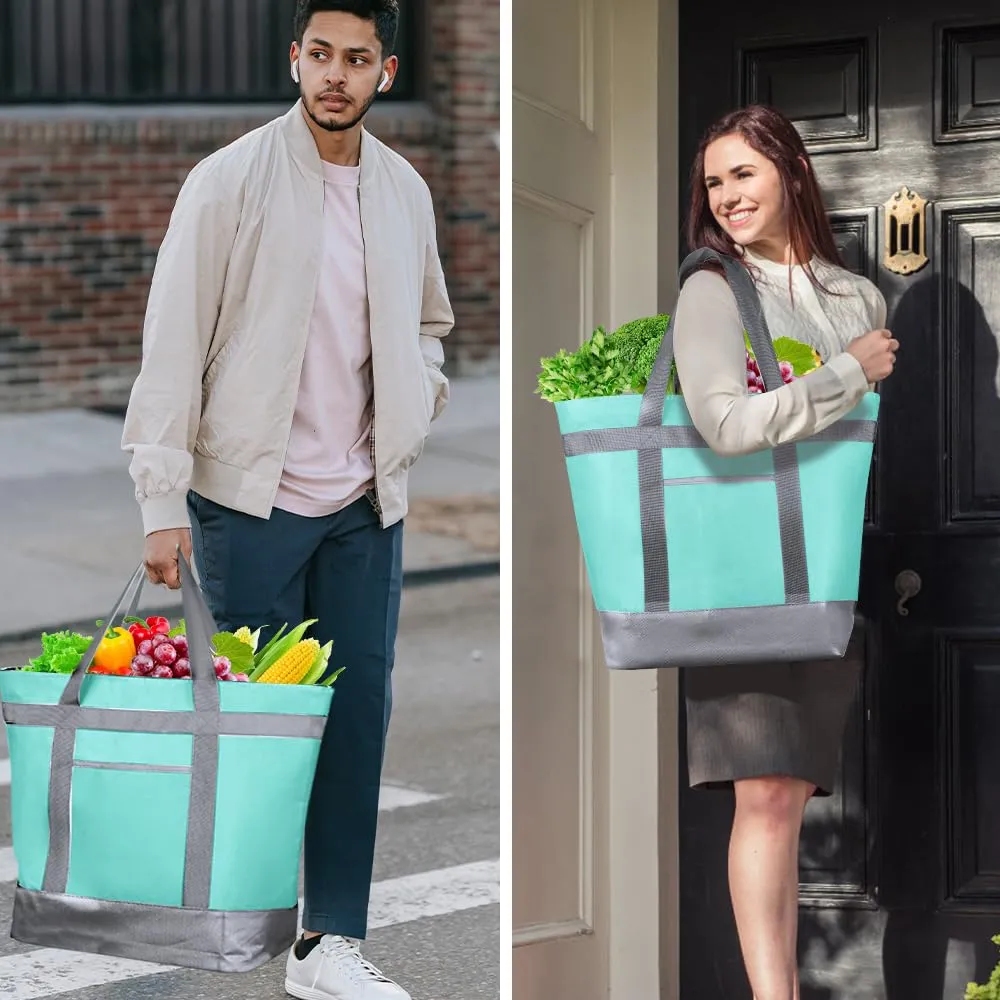 Insulated Reusable Tote Bag for Grocery Shopping for Women/Men, Pizza/Food Delivery Bag to Keep Food Cold/Hot for Uber Eats/Doordash/Grubub, Cooler bags for Travel/Beach/Picnic, Green