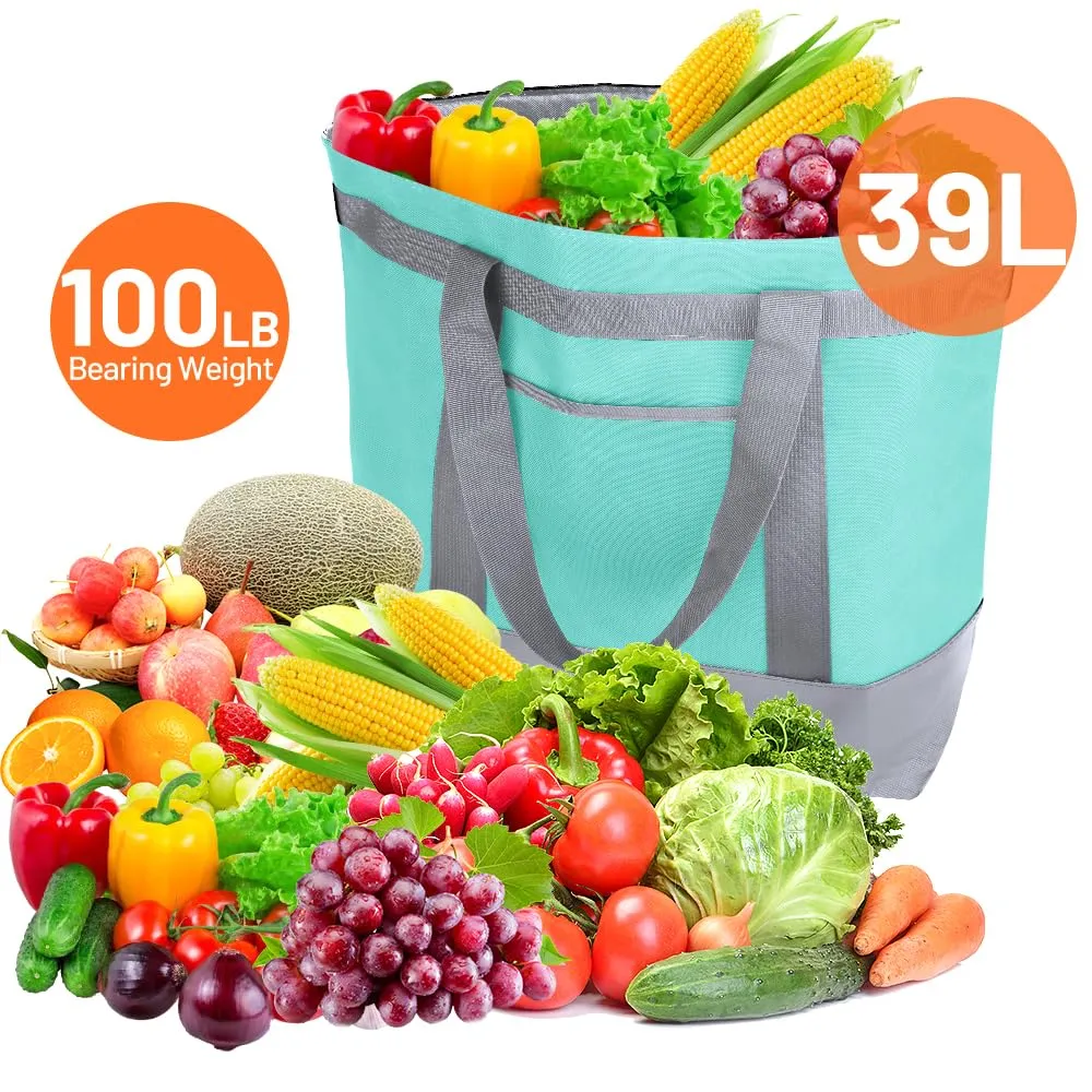 Insulated Reusable Tote Bag for Grocery Shopping for Women/Men, Pizza/Food Delivery Bag to Keep Food Cold/Hot for Uber Eats/Doordash/Grubub, Cooler bags for Travel/Beach/Picnic, Green