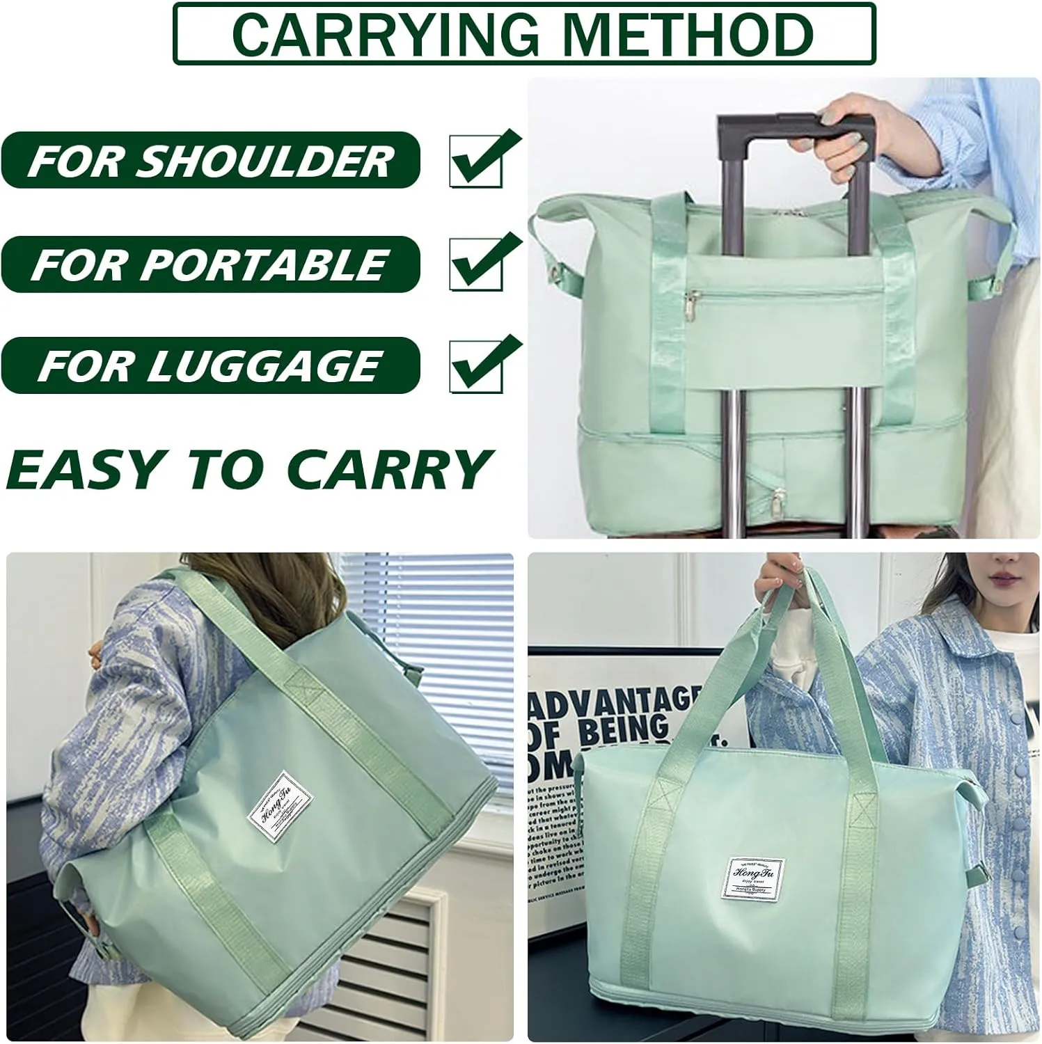 INVODA Travel Duffel Bag For Women and Men Waterproof Expandable Weekender Overnight Carry On Tote Bag Dry Wet Separation Swim Sports Gym Bag (Green)
